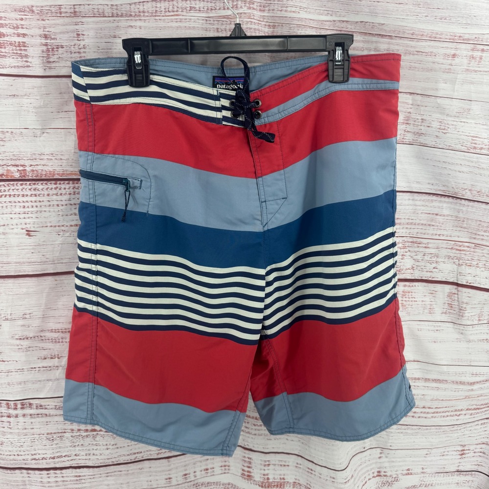 Patagonia Board Shorts Mens 36 Red Blue White Striped Swim Trunks Nylon